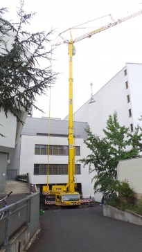 Um eine Straßensperrung und den Einsatz eines 300 t AK mit Wippe zu sparen wurde der Kran in der Ladezone der City Galerie aufgebaut. Extremes Gefälle erschwerte den Aufbau.